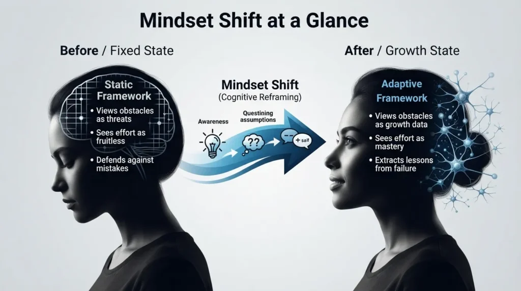A split-screen infographic illustrating a mindset shift, comparing a rigid, reactive mental model on the left with an open, growth-oriented framework on the right.