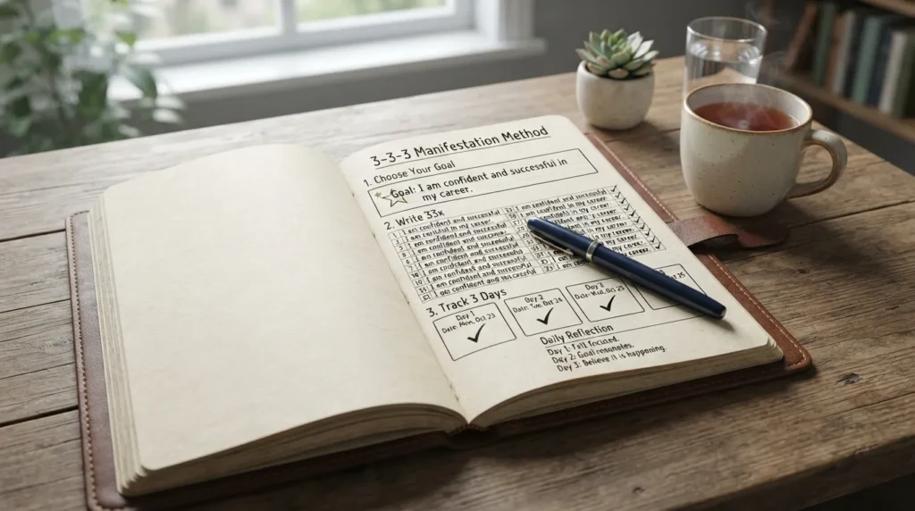 Open journal showing the 3-3-3 journal method with one affirmation written 33 times for 3 days, representing focused journaling, goal setting, and positive reflection practice