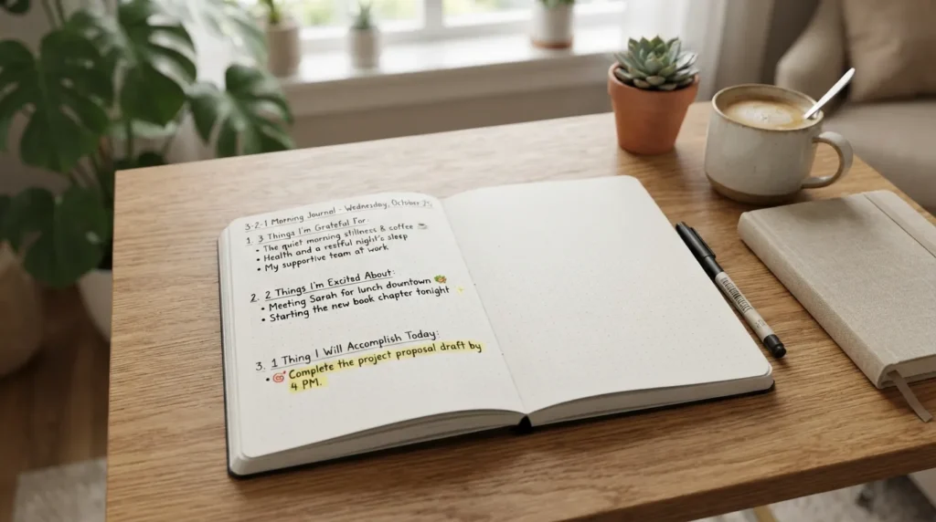 A journal page showing the 3-2-1 journaling method with three gratitude items, two things to look forward to, and one daily goal written as a simple reflection practice.