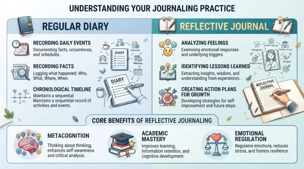 Infographic comparing a regular diary vs a reflective journal with key benefits including critical thinking and self-growth