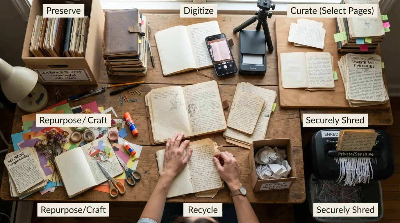 Old journals being sorted into options to keep, curate, digitize, repurpose, recycle, or securely destroy