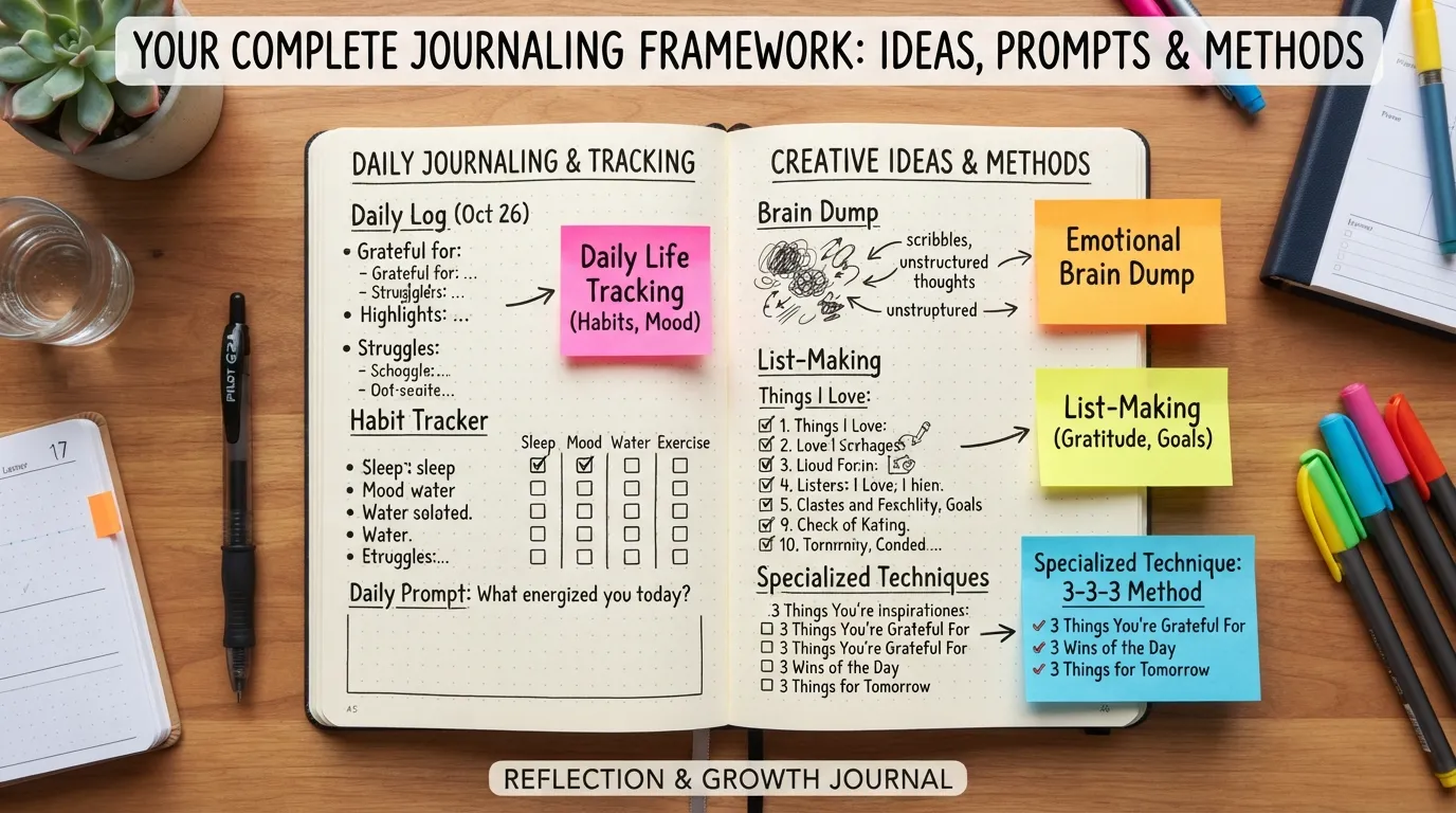 A flat-lay photograph of an open journal surrounded by a pen, a coffee cup, and sticky notes featuring writing ideas, daily prompts, and mental health tracking methods.