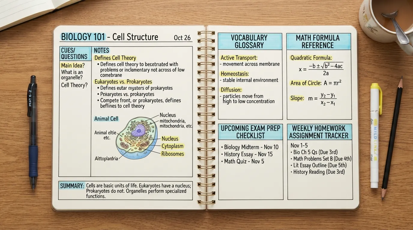 Organized student notebook showing structured class lecture notes, color-coded vocabulary lists, and academic exam prep checklists on ruled paper.