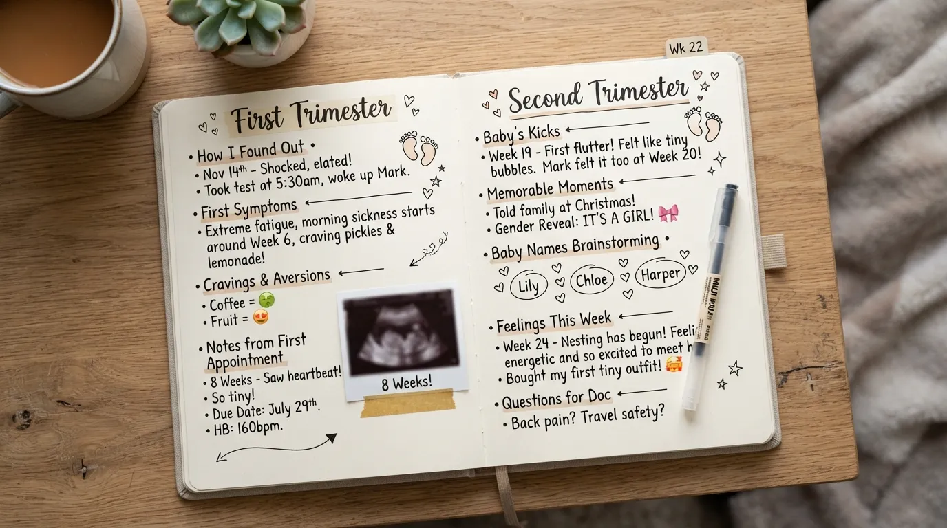 Open pregnancy journal displaying handwritten prompts, personal pregnancy memories, milestone notes, creative ideas, and example entries.