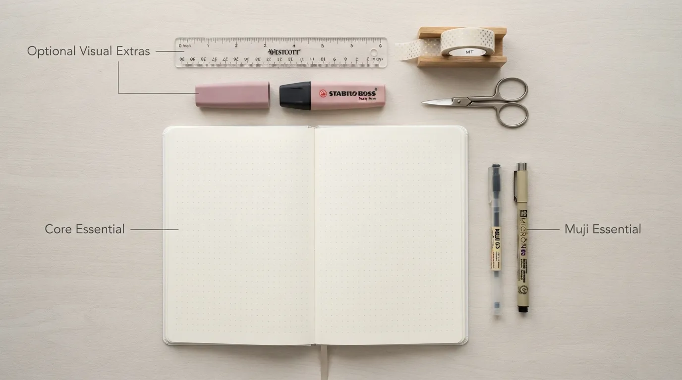 A flat lay display of essential beginner journaling supplies including a dot grid notebook, gel pen, ruler, highlighters, and a rolls of washi tape laid out on a clean desk.