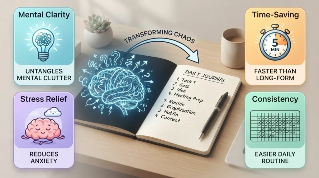 A detailed graphic illustrating the key personal benefits of list journaling, including mental clarity, stress reduction, easy habit building, and quick self-reflection.