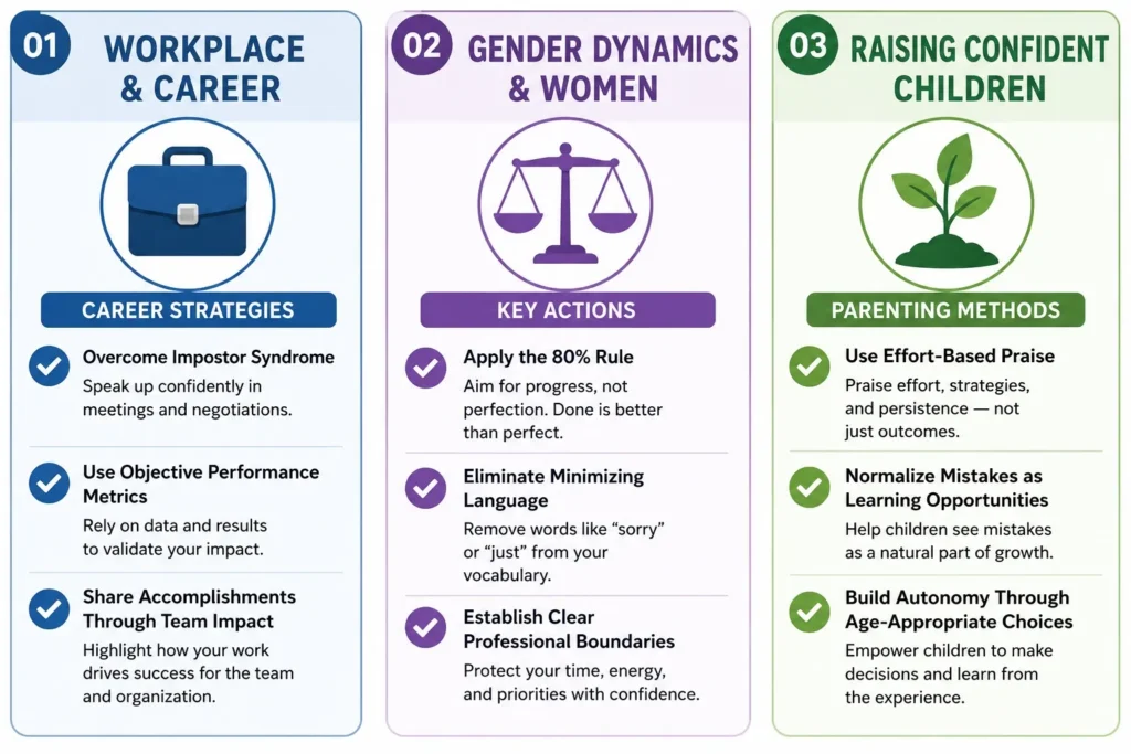 An infographic illustrating confidence-building strategies tailored for workplace success, women, and children across different life stages.