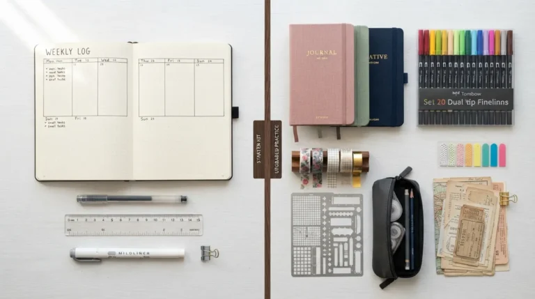 A flat lay photo displaying an organized collection of journaling supplies, including dot-grid notebooks, gel pens, fineliners, mildliner highlighters, washi tape rolls, and decorative ephemera.