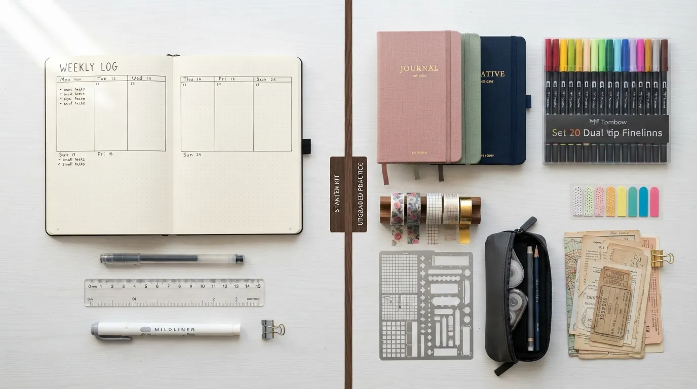 A flat lay photo displaying an organized collection of journaling supplies, including dot-grid notebooks, gel pens, fineliners, mildliner highlighters, washi tape rolls, and decorative ephemera.