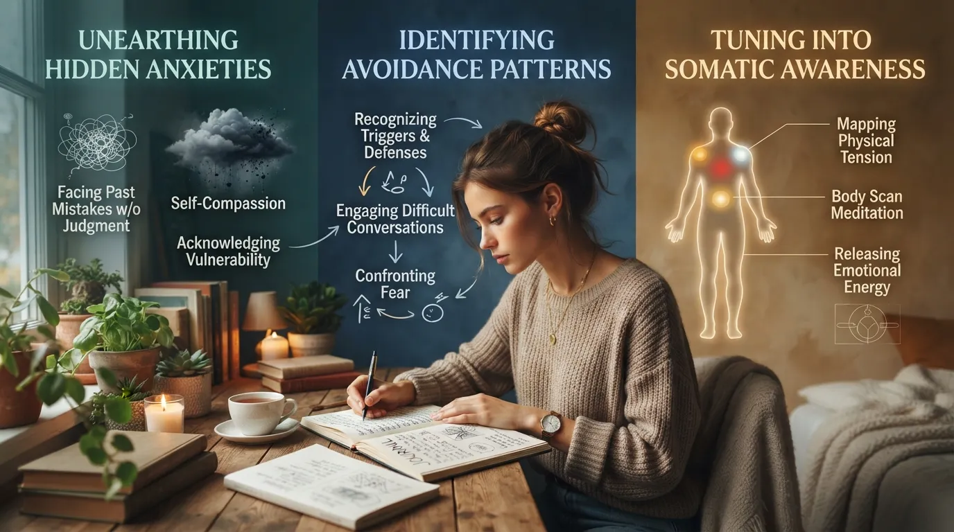 A person journaling in a quiet, dimly lit room, visually representing shadow work, confronting subconscious fears, and unmasking hidden emotional patterns.