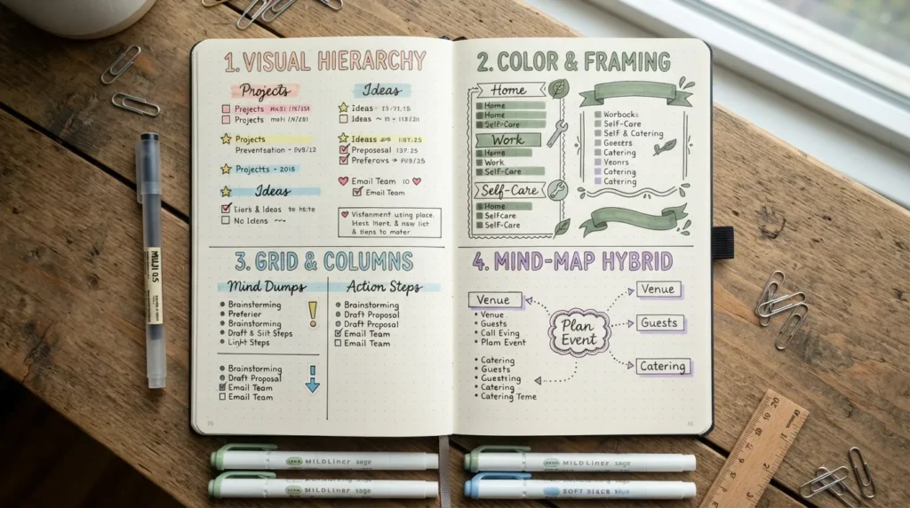 An open journal showcasing creative list formatting techniques, including color-coded bullet points, doodle frames, structured grid layouts, and hand-lettered headers.