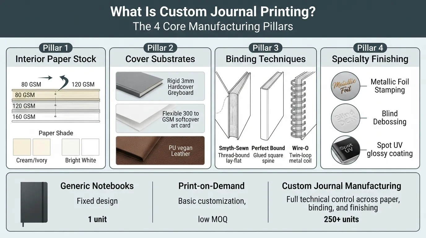 Infographic overview of custom journal printing showing four manufacturing pillars: interior paper weight, cover materials, binding styles, and finishing options.