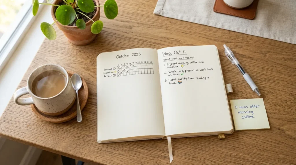 A real notebook open to a simple habit tracking page on a sunlit wooden desk next to a pen, warm coffee cup, and sticky notes, visually showing how to turn journaling into a daily routine.
