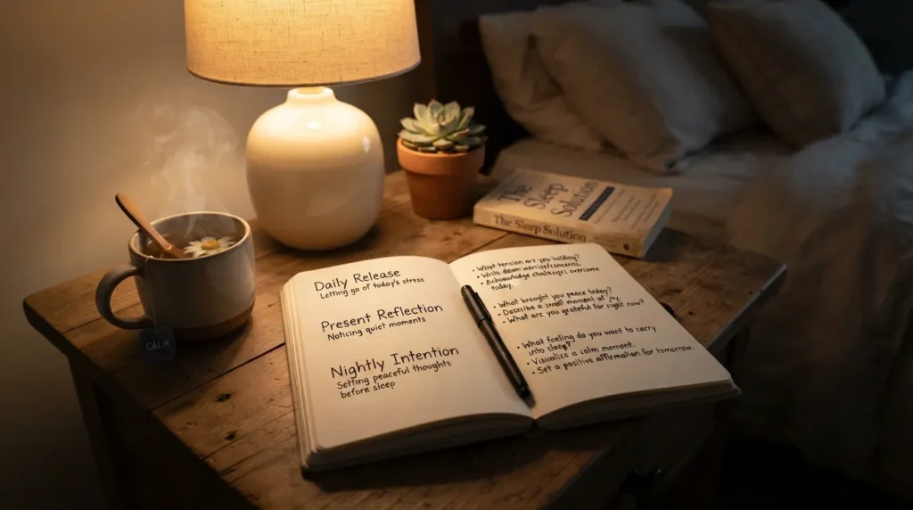 An open journal with written evening mindfulness prompts resting on a wooden nightstand beside a warm lamp and a cup of tea.
