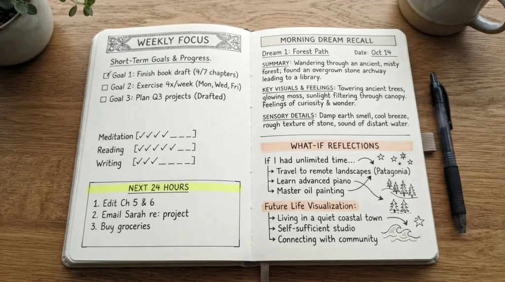 An open journal layout showing three structured sections: short-term goals with progress checkboxes, a sleep dream log with sensory details, and creative imagination prompts for future planning.