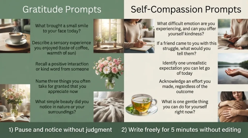 Infographic listing gratitude and self-compassion mindfulness journal prompts alongside step-by-step guidance for practice.