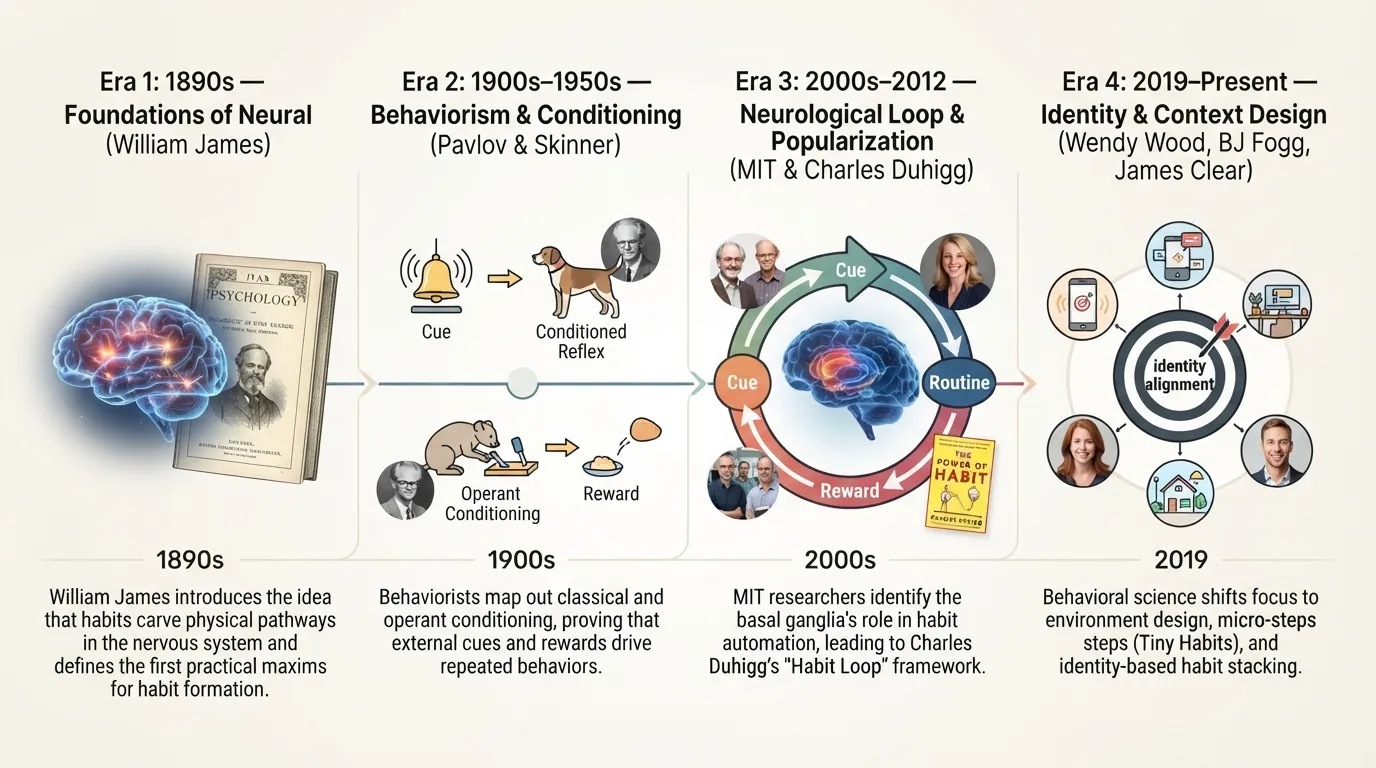Infographic timeline detailing the history of habit psychology, featuring major milestones from William James in 1890, Ivan Pavlov, B.F. Skinner, Charles Duhigg's Habit Loop, to modern identity-based habits by James Clear.