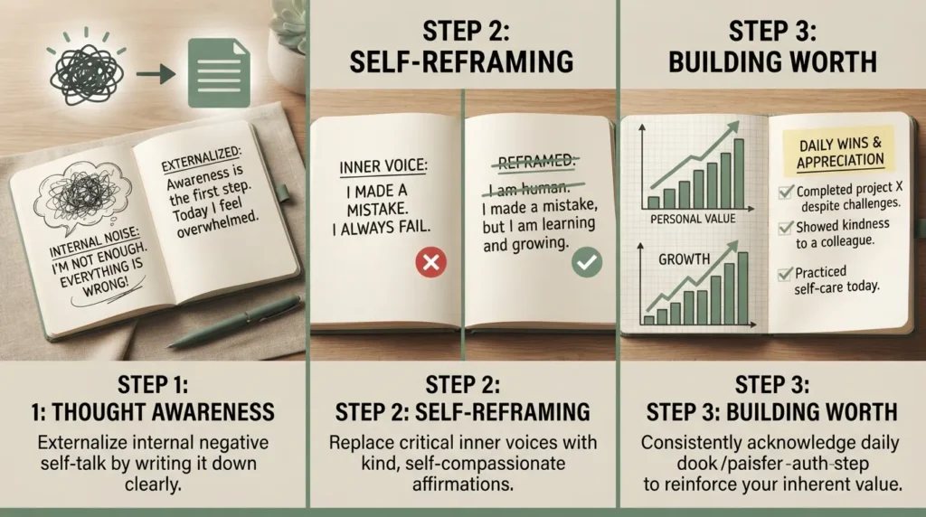 Visual diagram showing how self-love journaling reframes negative thoughts, tracks personal growth, and builds self-esteem through daily writing.
