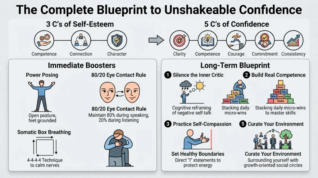 An informative graphic detailing the step-by-step process of building self-confidence, from physical body language hacks to long-term mindset habits.