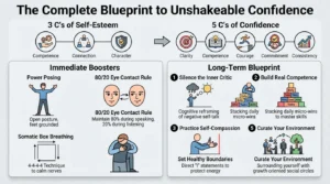 An informative graphic detailing the step-by-step process of building self-confidence, from physical body language hacks to long-term mindset habits.