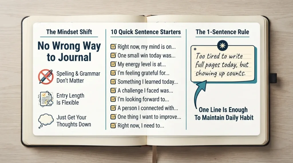 An infographic illustrating simple ways to start journaling when feeling stuck, featuring bullet lists, single-sentence entries, and quick sentence starter prompts on an open notebook page.