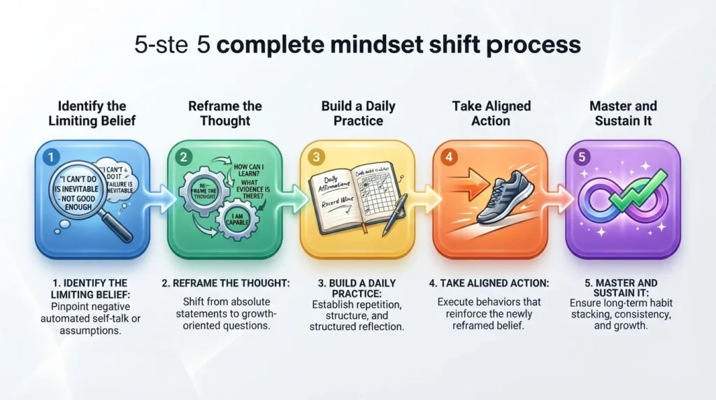 A step-by-step visual framework diagram illustrating how to make a mindset shift, moving from identifying limiting beliefs to taking aligned action and mastering cognitive reframing.