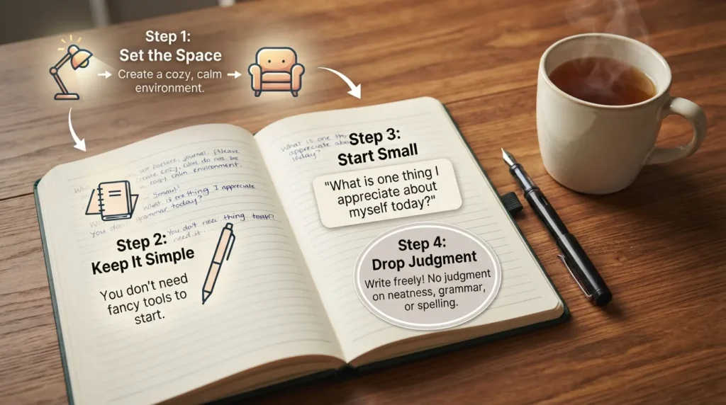A cozy desk setup showing an open journal with simple starter prompts, a pen, and a cup of tea, illustrating how to start journaling for self-love.