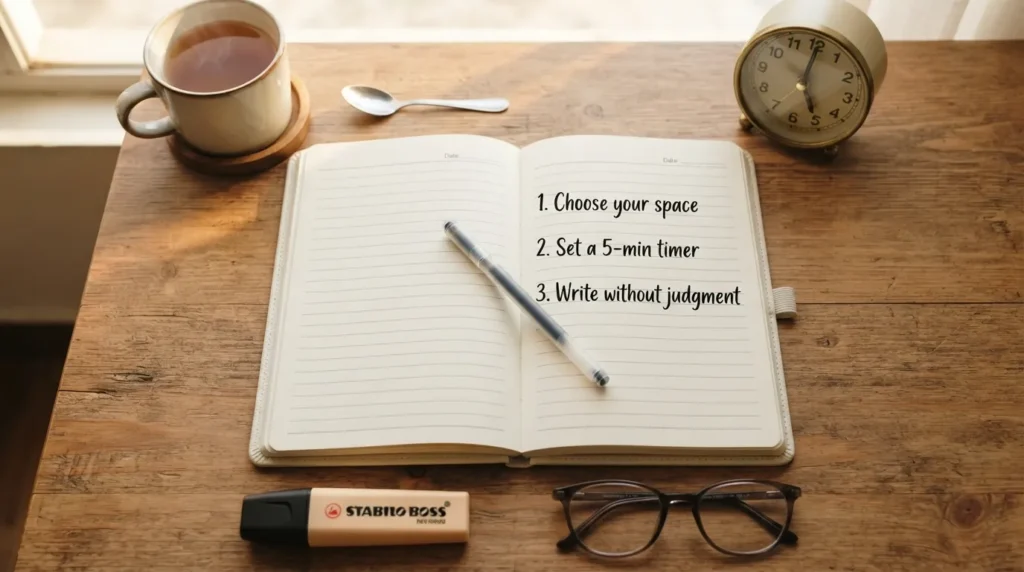 A flat lay photograph showing a clean desk setup with an open paper journal, a pen, a cup of tea, and a simple step-by-step beginner journaling routine checklist.
