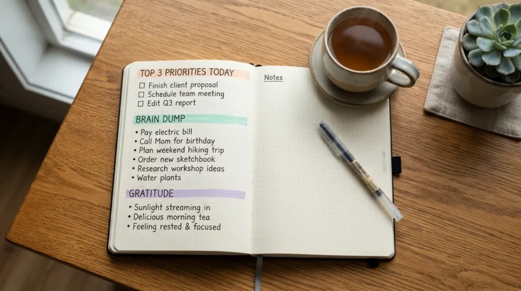 An open paper journal on a wooden desk showing a beginner list-journaling layout with bullet points for daily goals and a simple mood tracker, next to a pen.