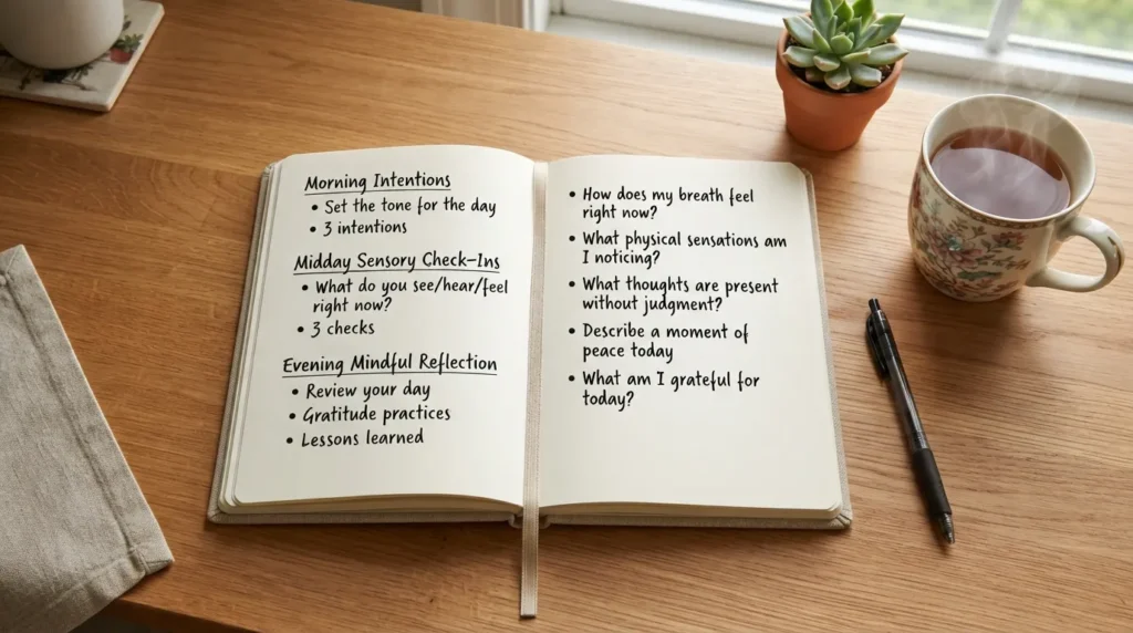 Infographic showing a simple 4-step process for using mindfulness journal prompts: creating a quiet space, picking one prompt, writing freely for five minutes, and sitting with your feelings without judgment.