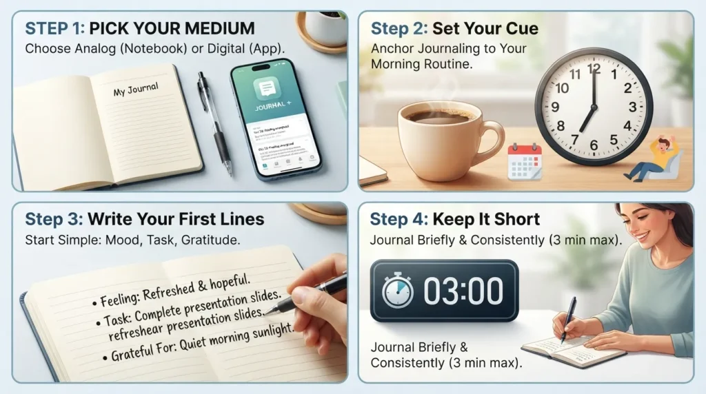A step-by-step visual roadmap showing how beginners can start journaling, including choosing a journal, setting a daily time, writing the first entry, and keeping a simple routine.