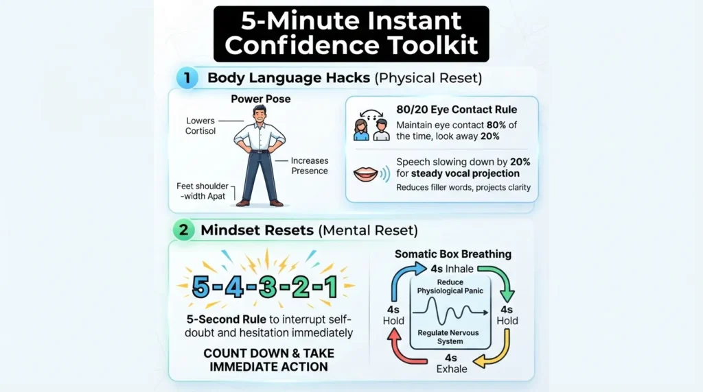 Infographic showing quick physical and psychological techniques to gain instant confidence in under five minutes, including power posing, box breathing, and the 5-second rule.