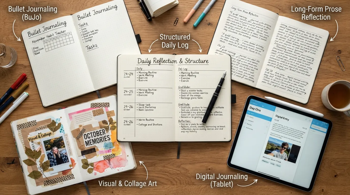 An organized desk setup showing different journaling methods and styles, including a bullet journal grid, a lined daily log, art collage pages, and a digital tablet display.
