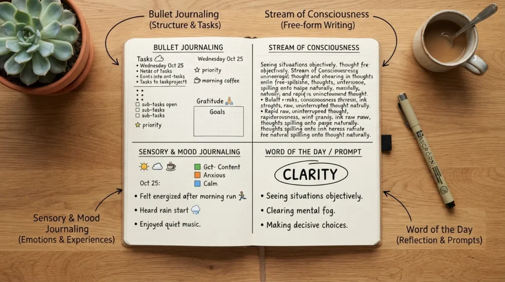 A side-by-side visual overview of popular journaling methods including bullet journaling, stream of consciousness, sensory prompts, and mood tracking in an open notebook.