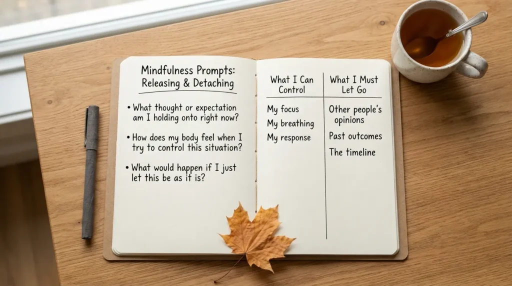 An open mindfulness journal on a wooden desk displaying written prompts for letting go, with a warm cup of tea and a fading dry leaf placed alongside the notebook.