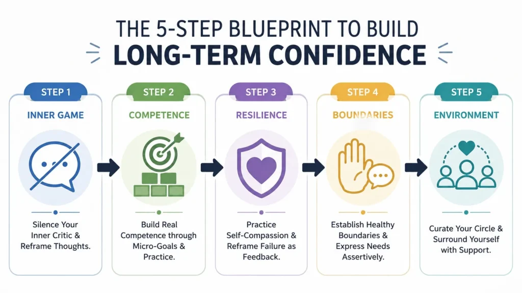 A step-by-step infographic showing five stages to become a confident person: silences inner critic, builds competence, practices self-compassion, sets boundaries, and curates environment.