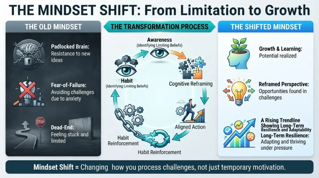 A comprehensive diagram outlining the mindset shift process, showing the transition from fixed to growth thinking through cognitive reframing, habit changes, and daily practice.