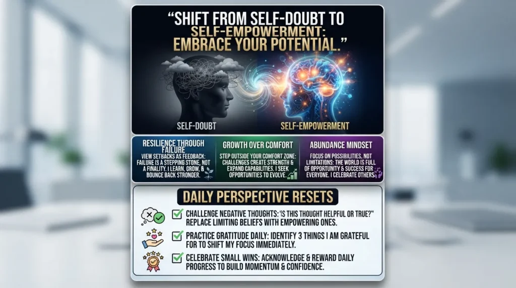 An infographic displaying inspirational mindset shift quotes and key perspective resets focused on personal growth, cognitive reframing, and overcoming limiting beliefs.