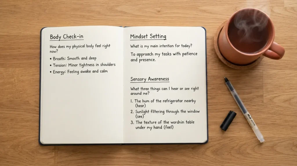 An open notebook on a wooden desk showing morning mindfulness journal prompts alongside a pen and a warm mug.