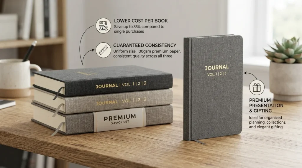 A flat lay photo comparing a bundled 3-piece notebook set with ribbon closure next to a single standalone notebook on a clean wooden desk.