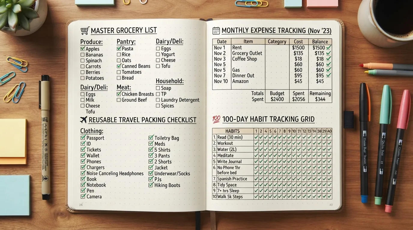 Flat lay photograph of an open notebook filled with practical lists, a pen, a budget planner, and daily task checkboxes on a wooden desk.
