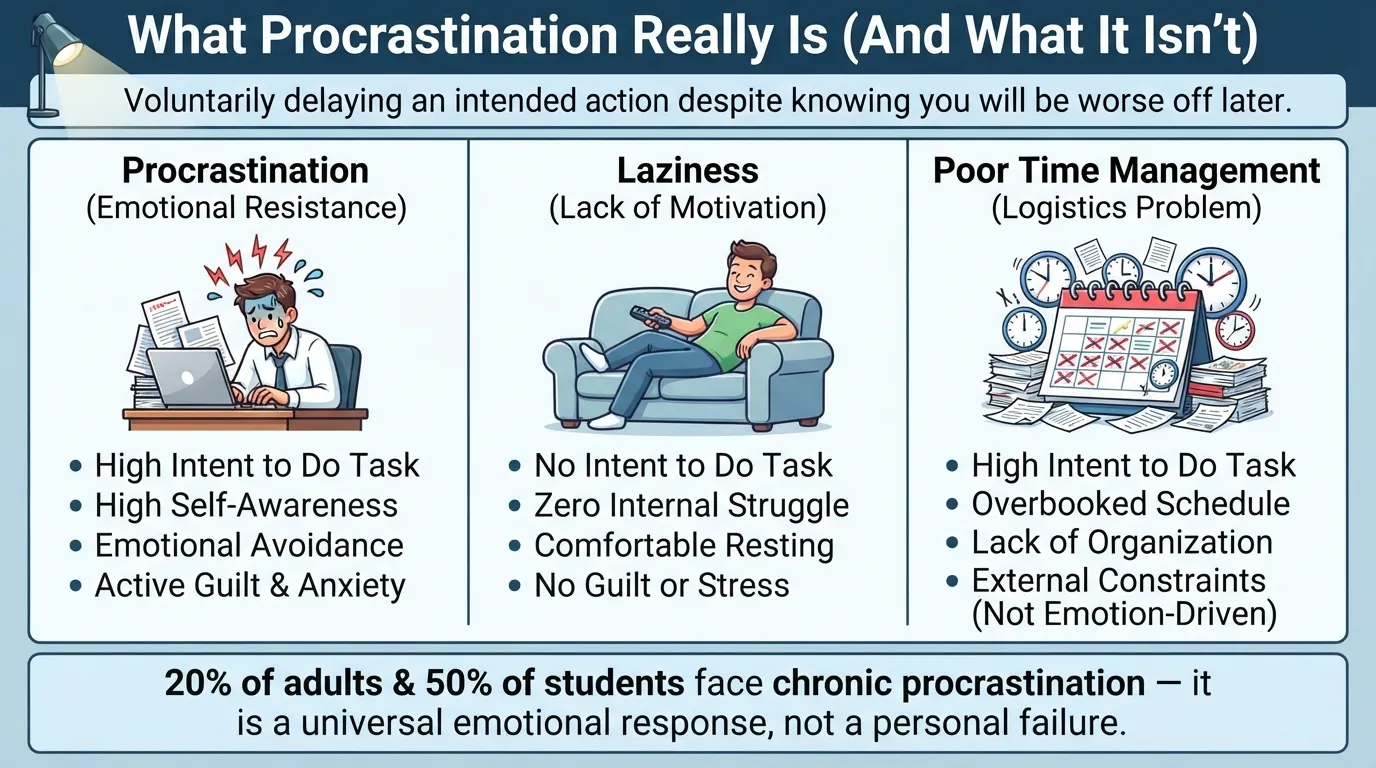 Comparison diagram defining procrastination versus laziness and poor time management, highlighting intent, emotional resistance, and self-awareness.