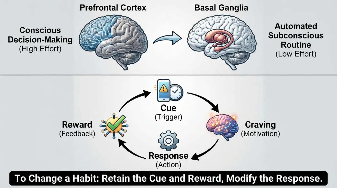 Comprehensive infographic diagram defining habit psychology and showing the four-stage habit loop of cue, craving, response, and reward with brain region icons.