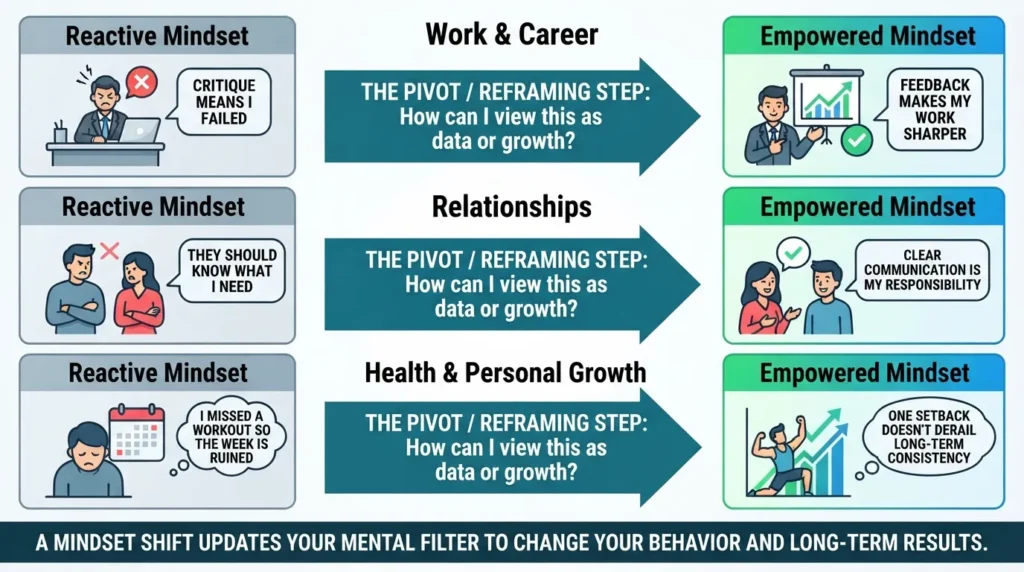 A visual comparison chart showing real mindset shift examples across work, health, and relationships with clear before and after perspectives.