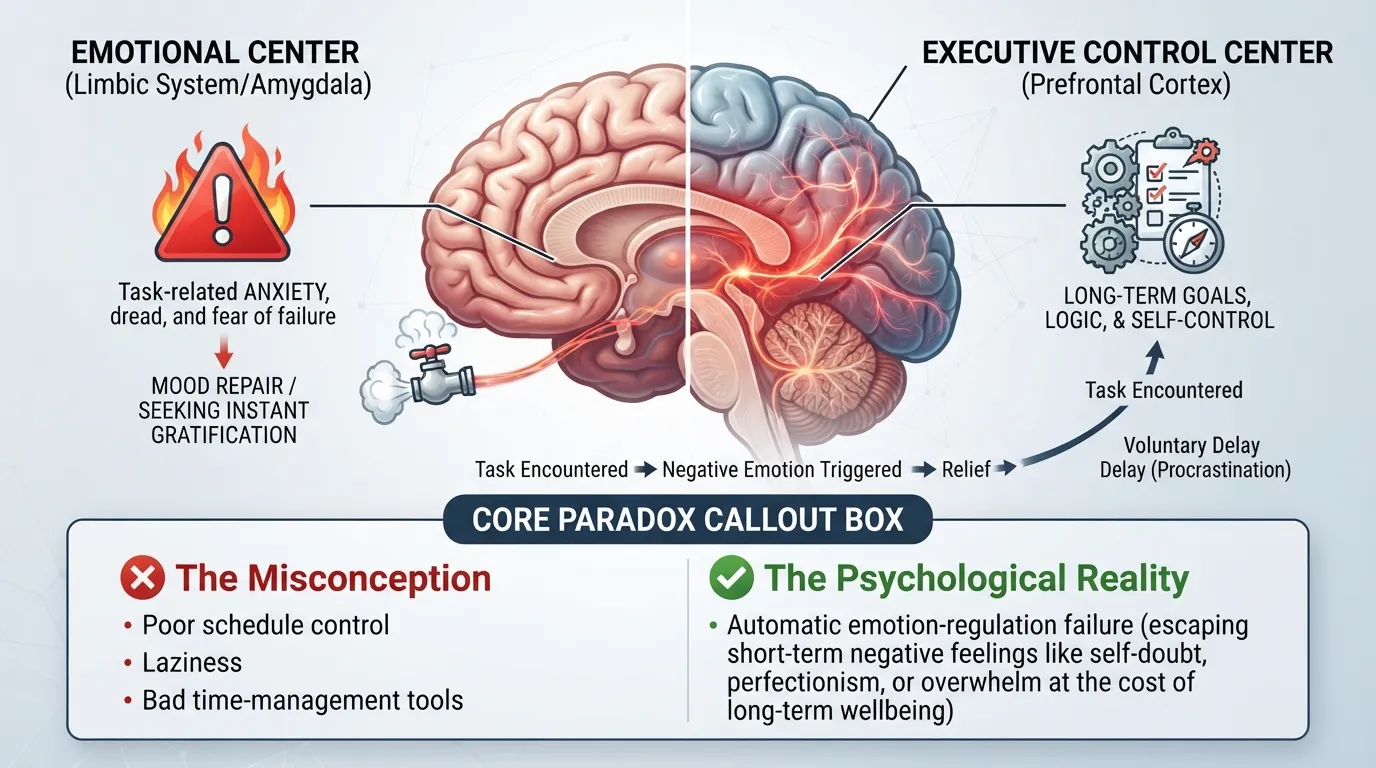 A conceptual diagram showing the psychological conflict between the emotional limbic system and logical prefrontal cortex, highlighting emotional regulation as the primary cause of procrastination over poor time management.
