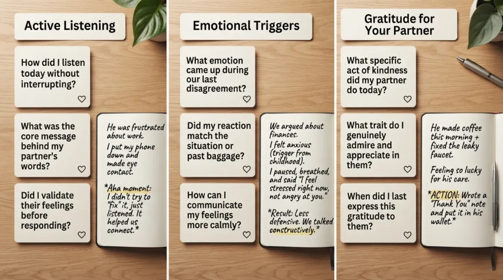 A person sitting quietly with a open journal, writing thoughts about their relationship while looking at thoughtful prompt cards.