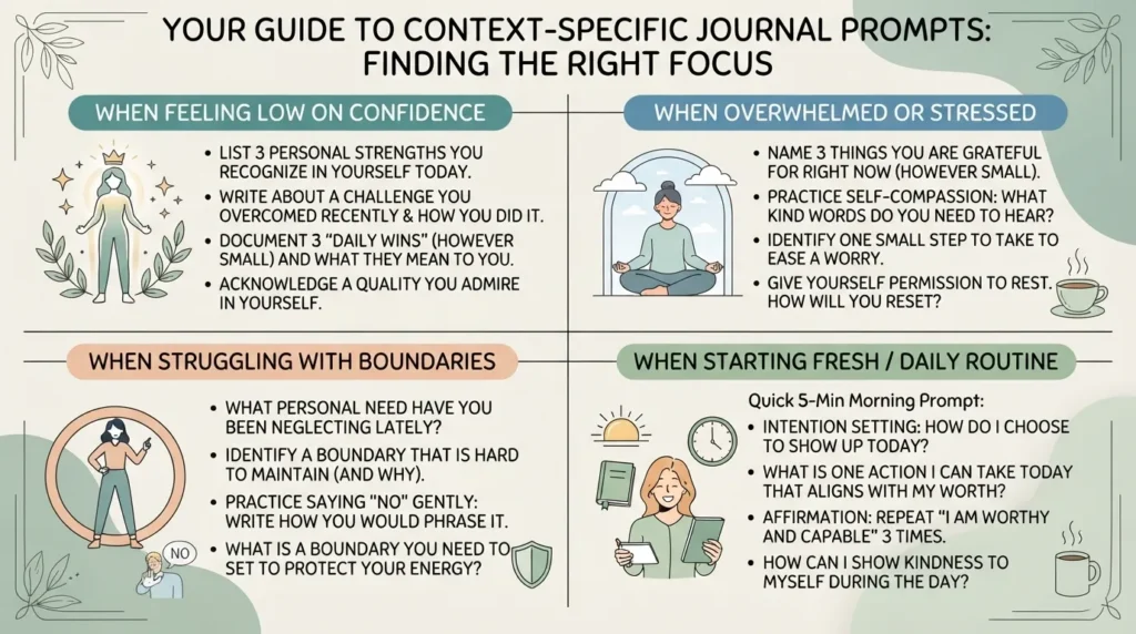 An organized chart displaying self-love journal prompts customized for common life situations including low self-esteem, stress, and setting healthy boundaries.