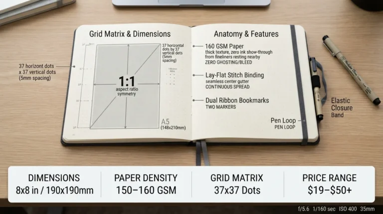 Open 8x8 square bullet journal lying flat on a desk, displaying a symmetrical 37x37 dot grid spacing guide with highlighted measurements, key specs callouts, and multi-column weekly spread planning regions.
