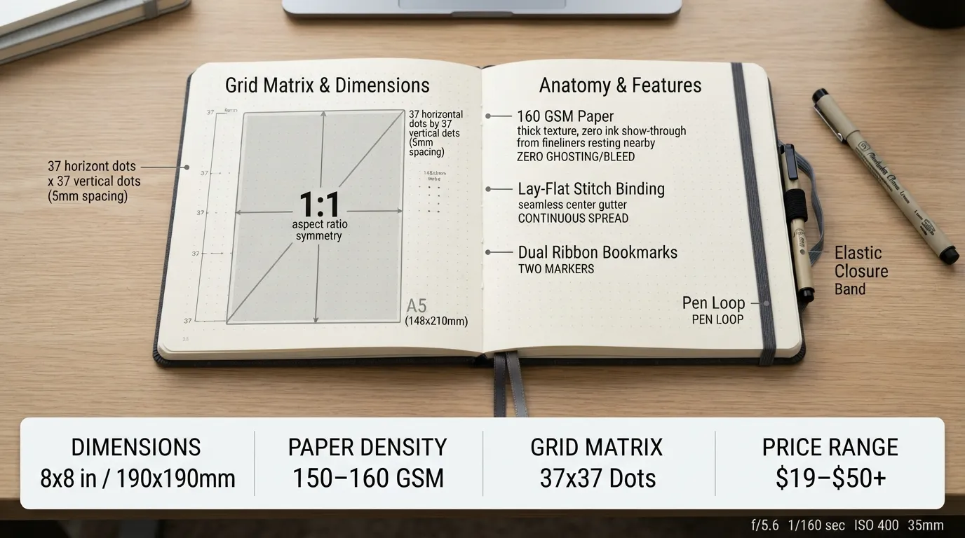 Open 8x8 square bullet journal lying flat on a desk, displaying a symmetrical 37x37 dot grid spacing guide with highlighted measurements, key specs callouts, and multi-column weekly spread planning regions.