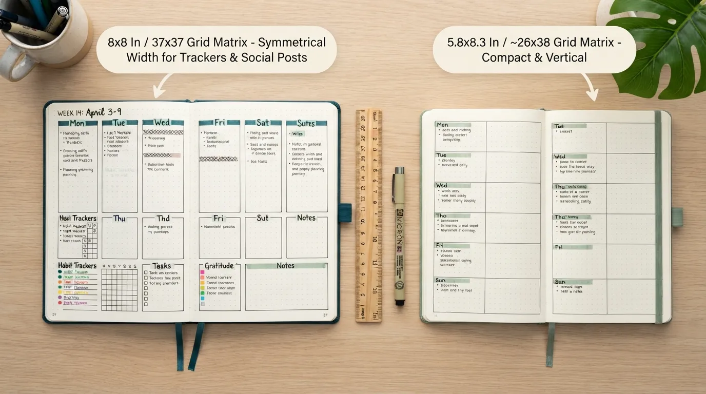 Side-by-side comparison of an 8x8 square bullet journal and a standard A5 rectangular notebook showing grid dimensions, spread symmetry, and column layouts.